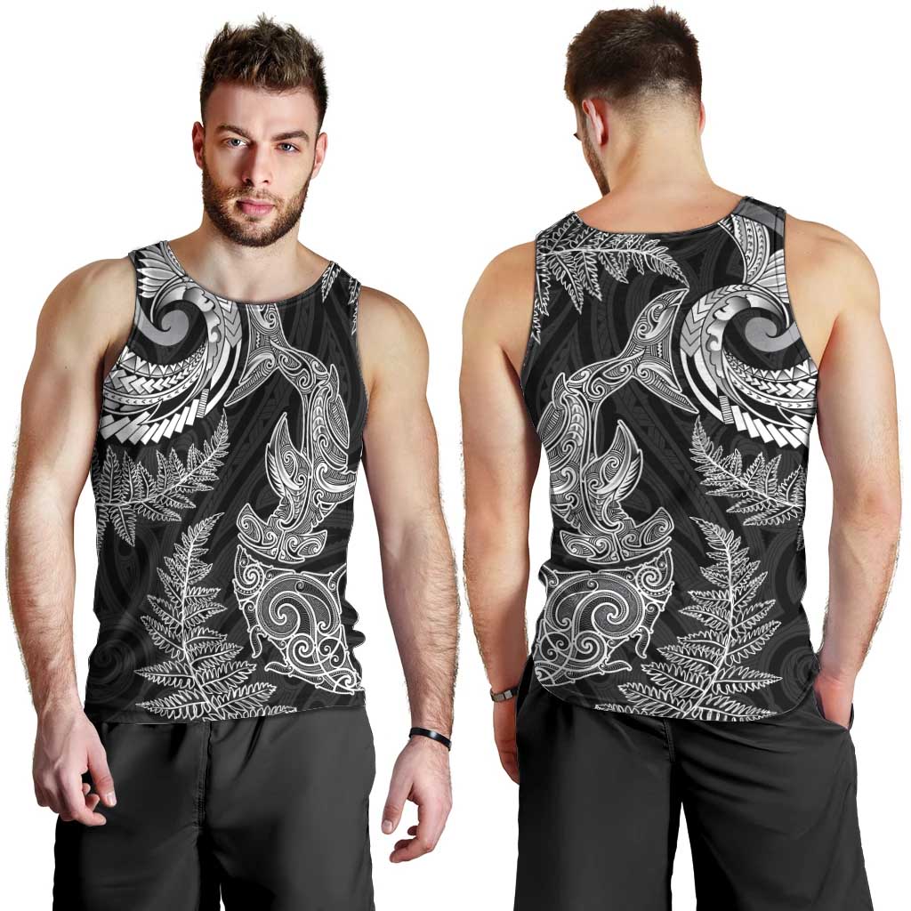 New Zealand Sea Animals with Maori Tribal Tattoo Men Tank Top Shark Manta Ray with Silver Fern Black