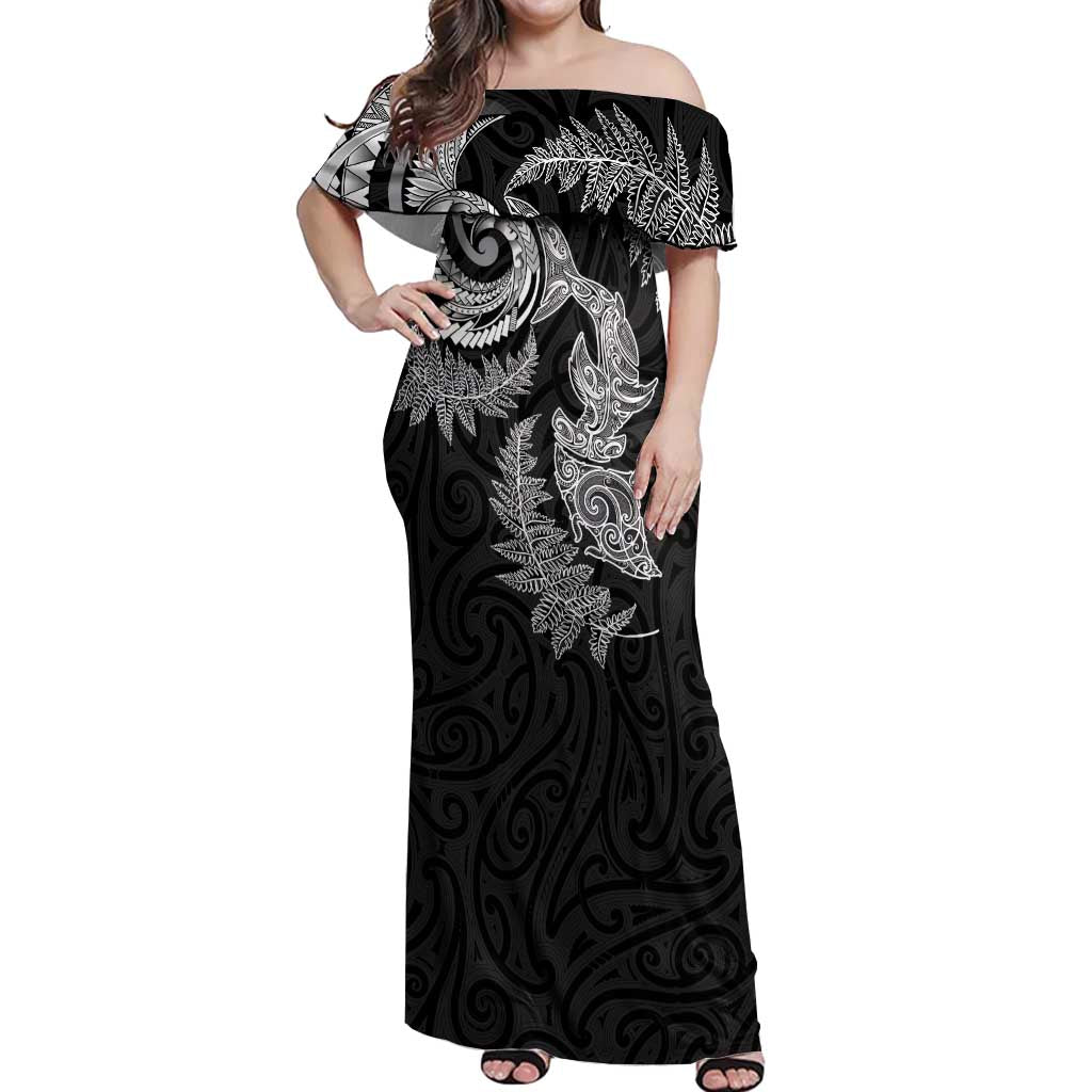 New Zealand Sea Animals with Maori Tribal Tattoo Off Shoulder Maxi Dress Shark Manta Ray with Silver Fern Black
