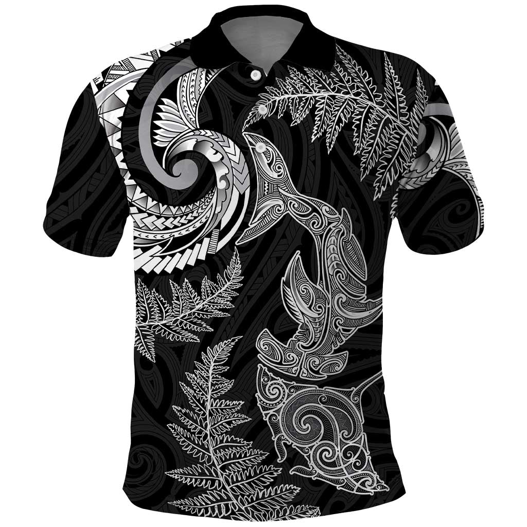 New Zealand Sea Animals with Maori Tribal Tattoo Polo Shirt Shark Manta Ray with Silver Fern Black