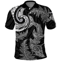 New Zealand Sea Animals with Maori Tribal Tattoo Polo Shirt Shark Manta Ray with Silver Fern Black