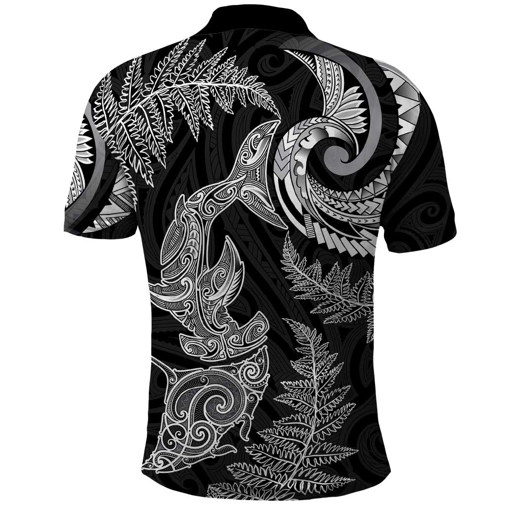 New Zealand Sea Animals with Maori Tribal Tattoo Polo Shirt Shark Manta Ray with Silver Fern Black