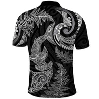 New Zealand Sea Animals with Maori Tribal Tattoo Polo Shirt Shark Manta Ray with Silver Fern Black