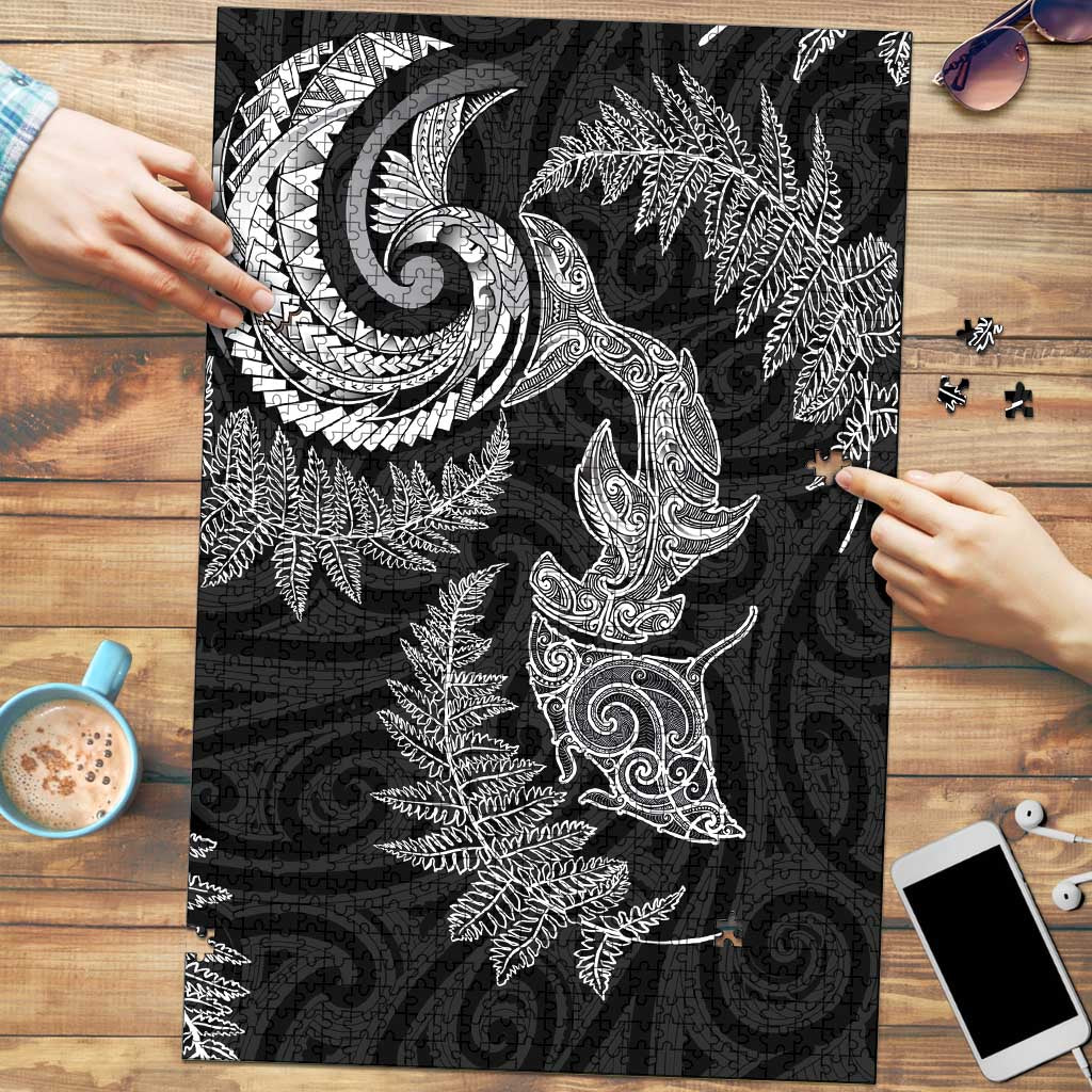 New Zealand Sea Animals with Maori Tribal Tattoo Puzzle Shark Manta Ray with Silver Fern Black