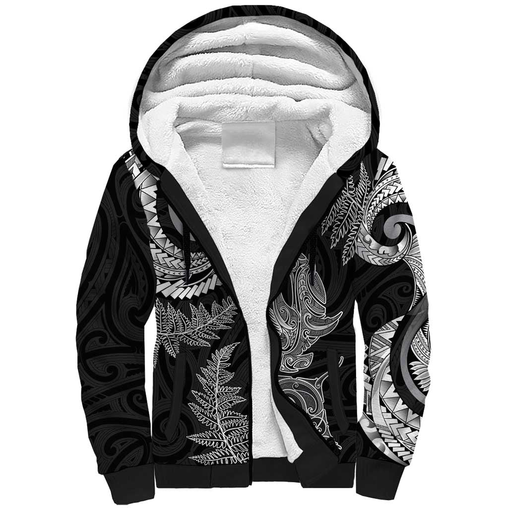 New Zealand Sea Animals with Maori Tribal Tattoo Sherpa Hoodie Shark Manta Ray with Silver Fern Black