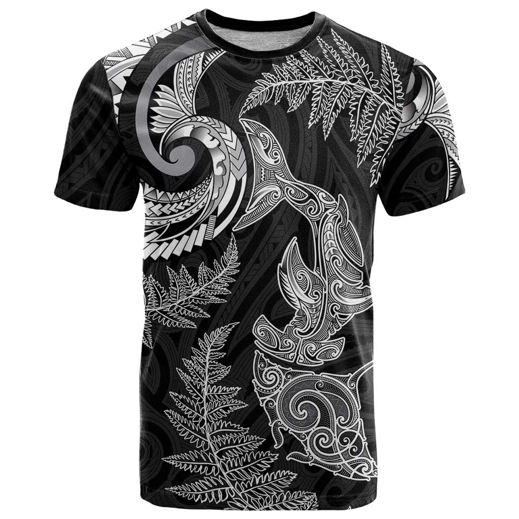 New Zealand Sea Animals with Maori Tribal Tattoo T Shirt Shark Manta Ray with Silver Fern Black