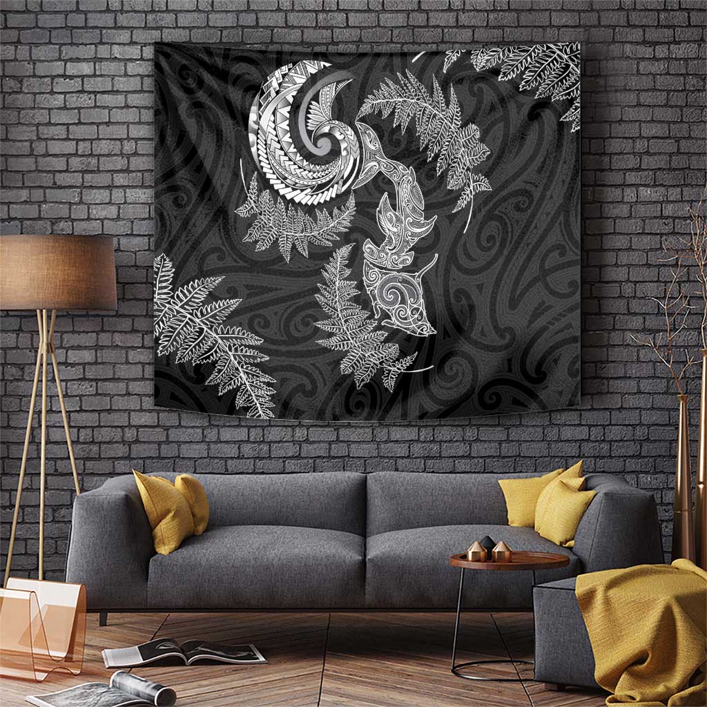 New Zealand Sea Animals with Maori Tribal Tattoo Tapestry Shark Manta Ray with Silver Fern Black