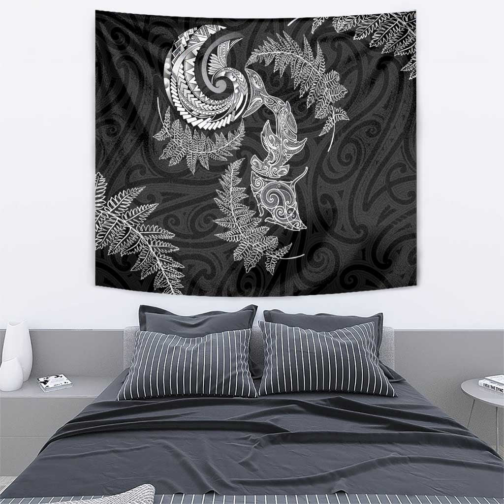New Zealand Sea Animals with Maori Tribal Tattoo Tapestry Shark Manta Ray with Silver Fern Black