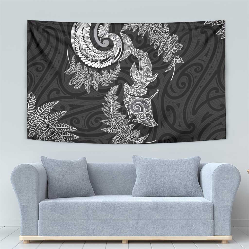 New Zealand Sea Animals with Maori Tribal Tattoo Tapestry Shark Manta Ray with Silver Fern Black