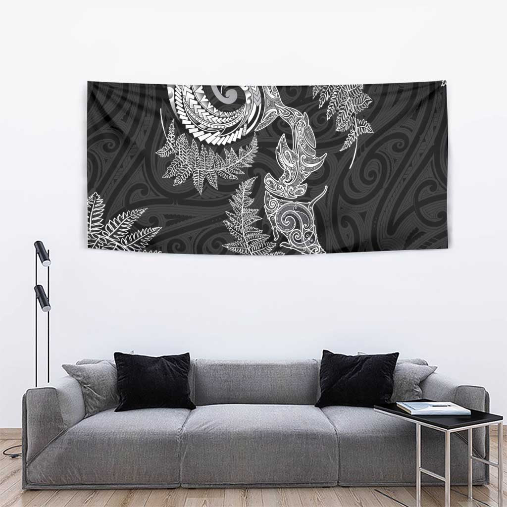 New Zealand Sea Animals with Maori Tribal Tattoo Tapestry Shark Manta Ray with Silver Fern Black