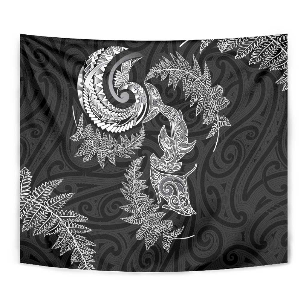 New Zealand Sea Animals with Maori Tribal Tattoo Tapestry Shark Manta Ray with Silver Fern Black