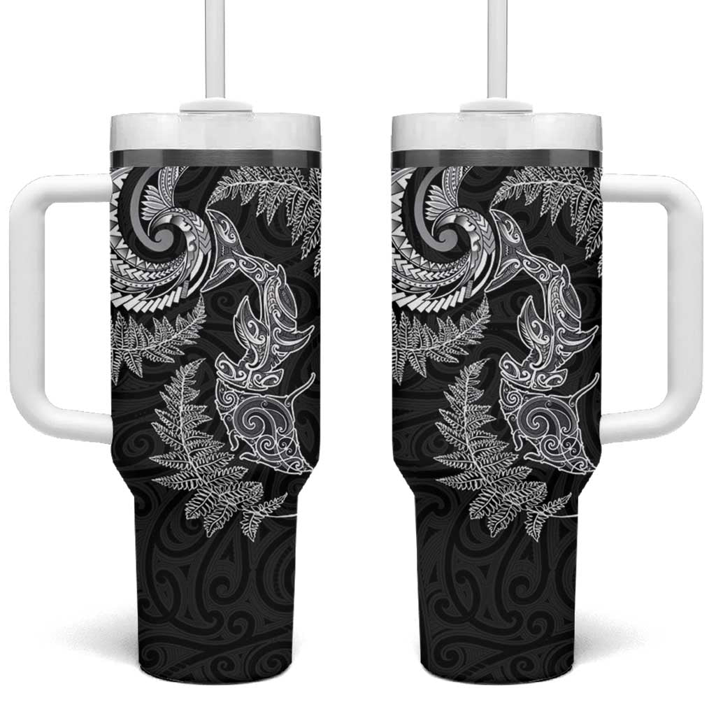 New Zealand Sea Animals with Maori Tribal Tattoo Tumbler With Handle Shark Manta Ray with Silver Fern Black