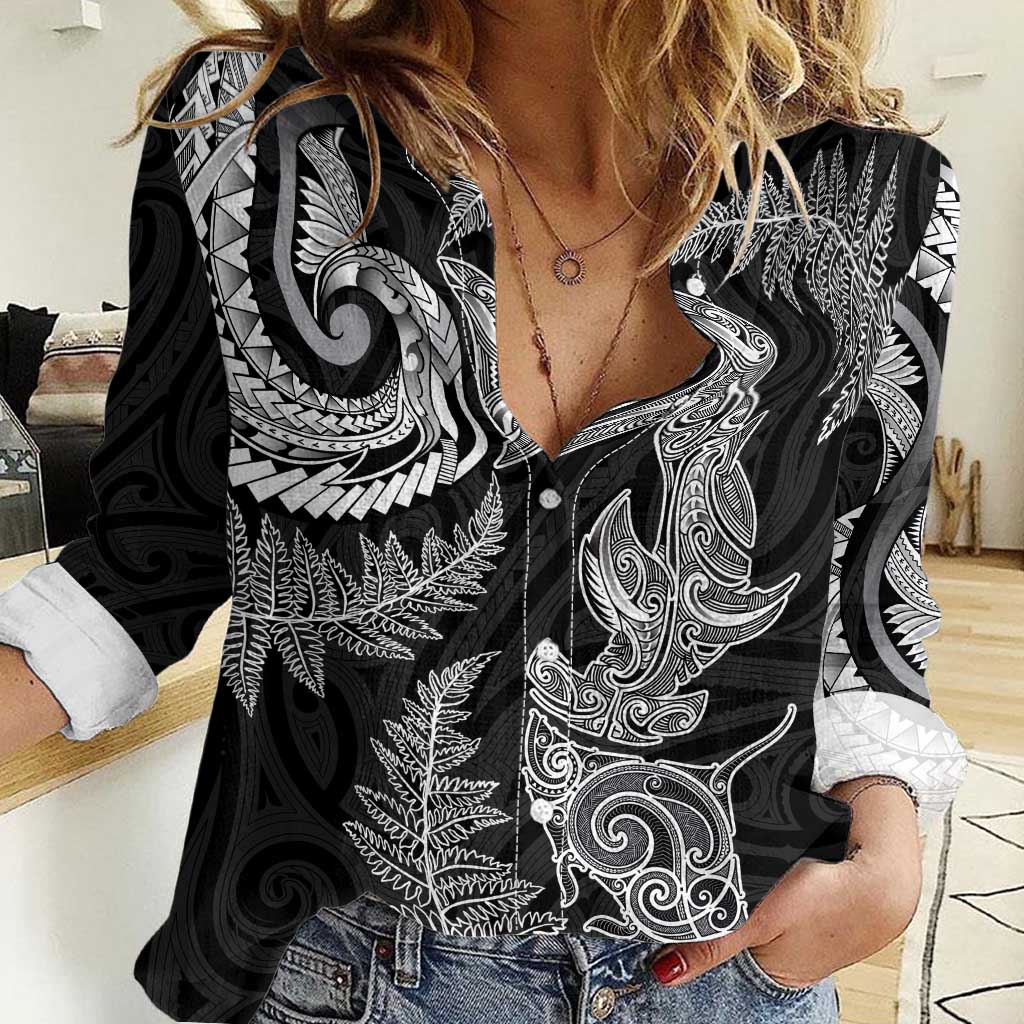 New Zealand Sea Animals with Maori Tribal Tattoo Women Casual Shirt Shark Manta Ray with Silver Fern Black