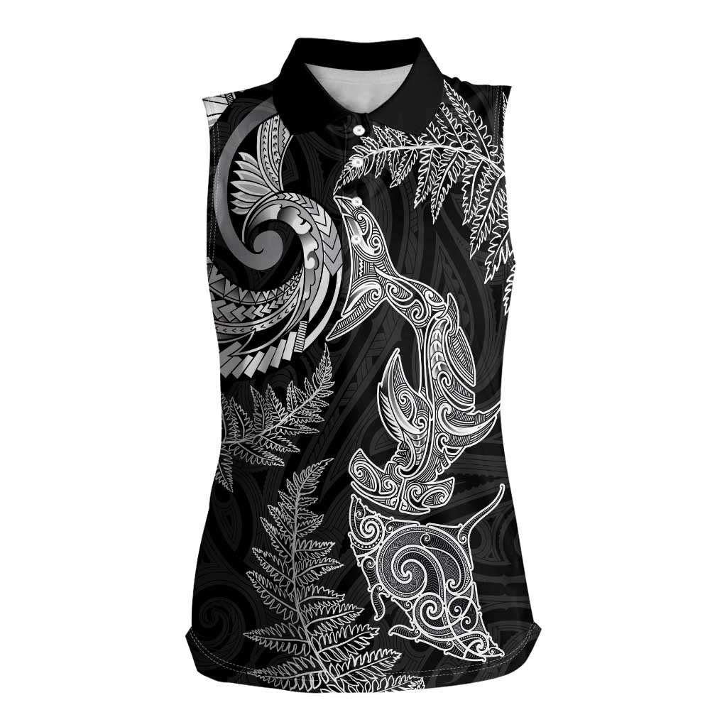 New Zealand Sea Animals with Maori Tribal Tattoo Women Sleeveless Polo Shirt Shark Manta Ray with Silver Fern Black