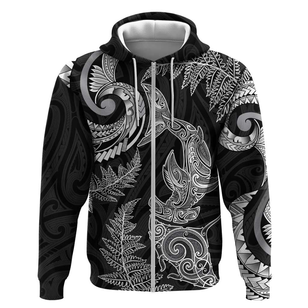 New Zealand Sea Animals with Maori Tribal Tattoo Zip Hoodie Shark Manta Ray with Silver Fern Black