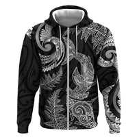 New Zealand Sea Animals with Maori Tribal Tattoo Zip Hoodie Shark Manta Ray with Silver Fern Black
