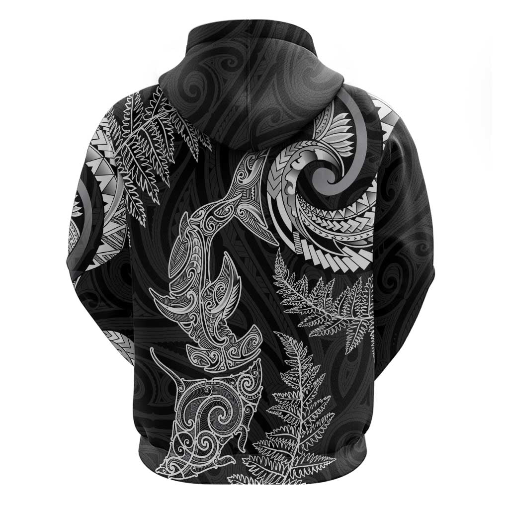 New Zealand Sea Animals with Maori Tribal Tattoo Zip Hoodie Shark Manta Ray with Silver Fern Black