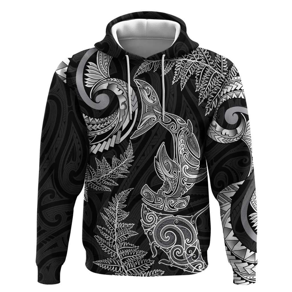 New Zealand Sea Animals with Maori Tribal Tattoo Zip Hoodie Shark Manta Ray with Silver Fern Black