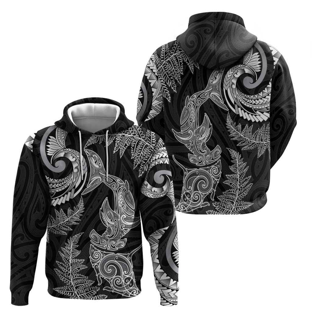 New Zealand Sea Animals with Maori Tribal Tattoo Zip Hoodie Shark Manta Ray with Silver Fern Black