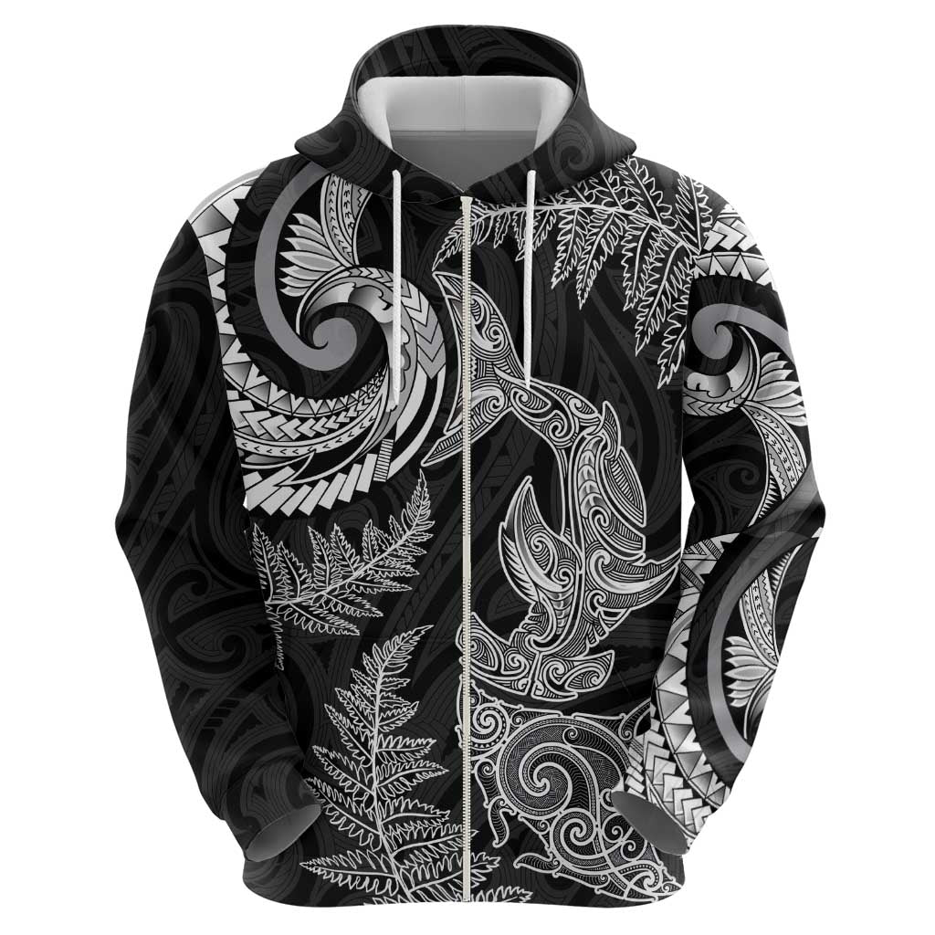 New Zealand Sea Animals with Maori Tribal Tattoo Zip Hoodie Shark Manta Ray with Silver Fern Black