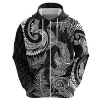 New Zealand Sea Animals with Maori Tribal Tattoo Zip Hoodie Shark Manta Ray with Silver Fern Black