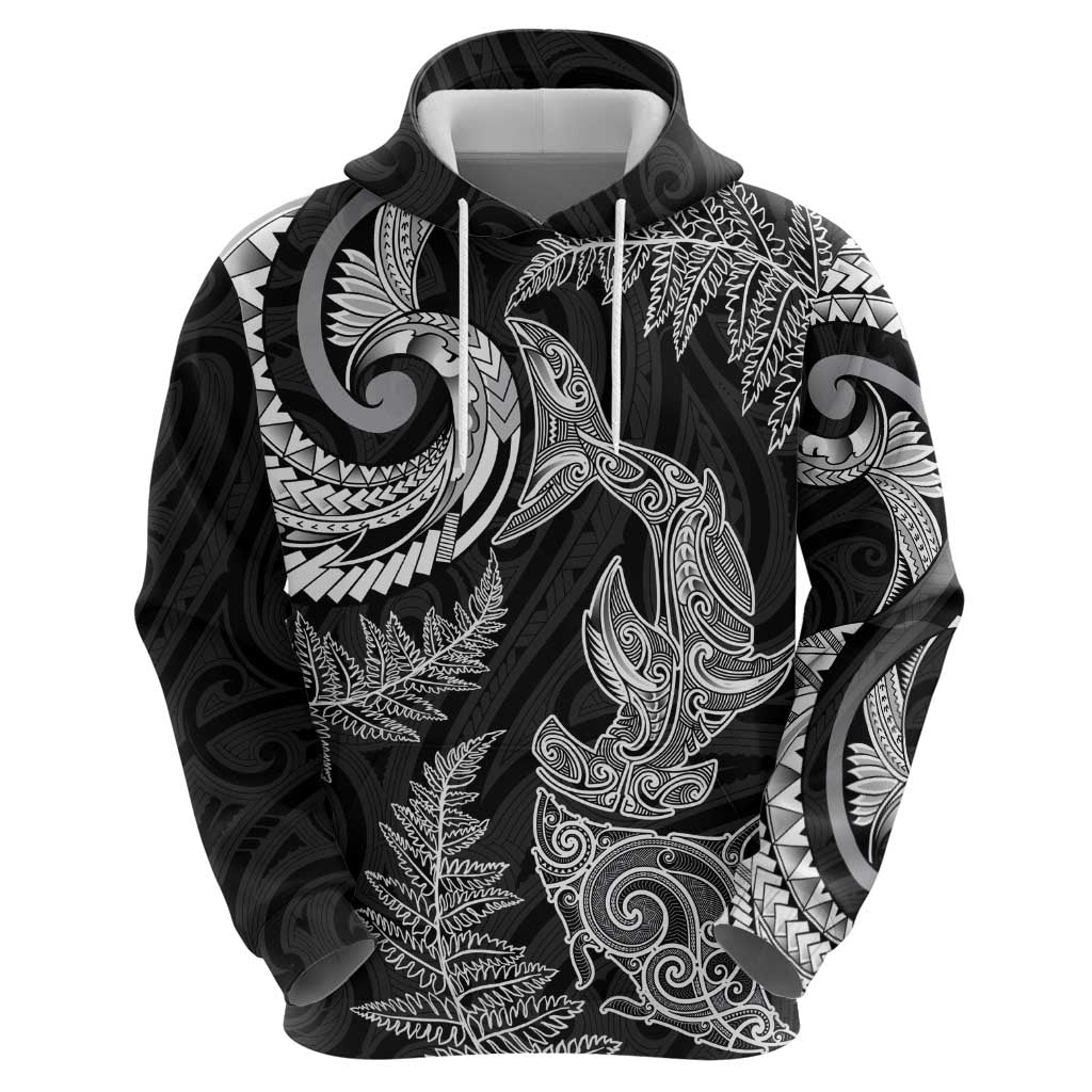 New Zealand Sea Animals with Maori Tribal Tattoo Zip Hoodie Shark Manta Ray with Silver Fern Black
