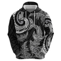 New Zealand Sea Animals with Maori Tribal Tattoo Zip Hoodie Shark Manta Ray with Silver Fern Black