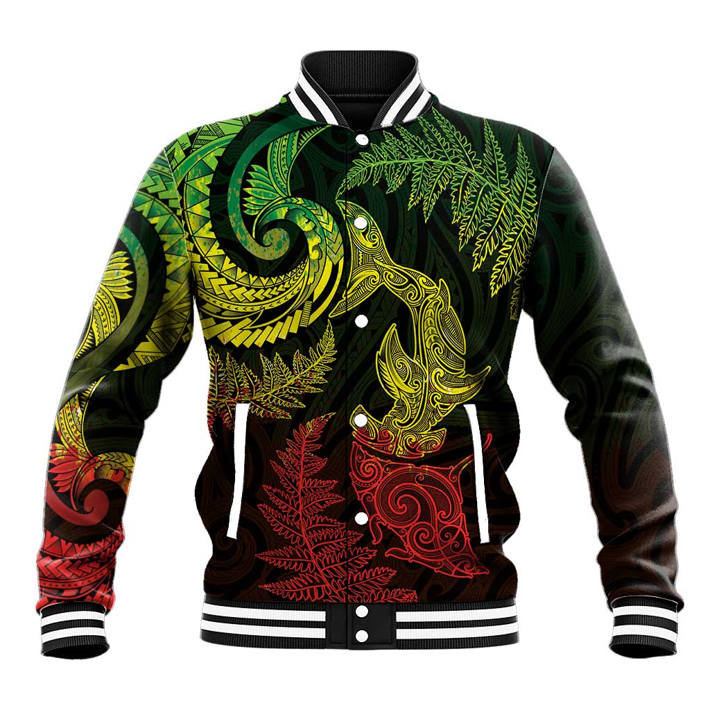 New Zealand Sea Animals with Maori Tribal Tattoo Baseball Jacket Shark Manta Ray with Silver Fern Reggae