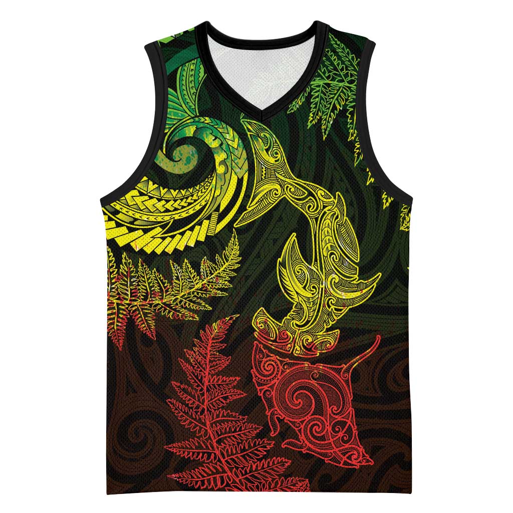 New Zealand Sea Animals with Maori Tribal Tattoo Basketball Jersey Shark Manta Ray with Silver Fern Reggae
