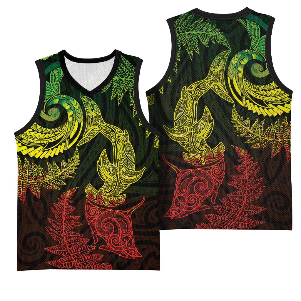 New Zealand Sea Animals with Maori Tribal Tattoo Basketball Jersey Shark Manta Ray with Silver Fern Reggae