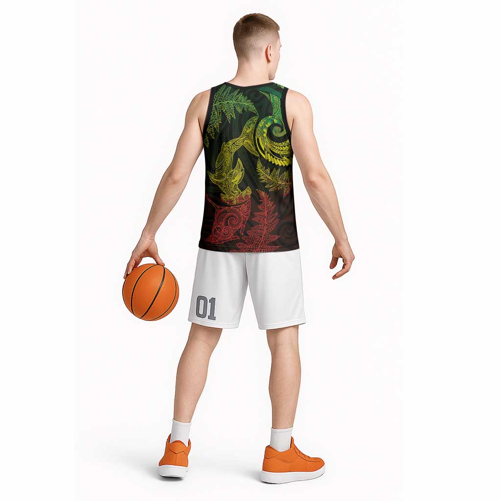 New Zealand Sea Animals with Maori Tribal Tattoo Basketball Jersey Shark Manta Ray with Silver Fern Reggae