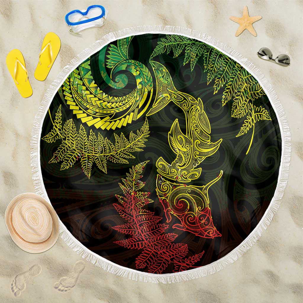New Zealand Sea Animals with Maori Tribal Tattoo Beach Blanket Shark Manta Ray with Silver Fern Reggae