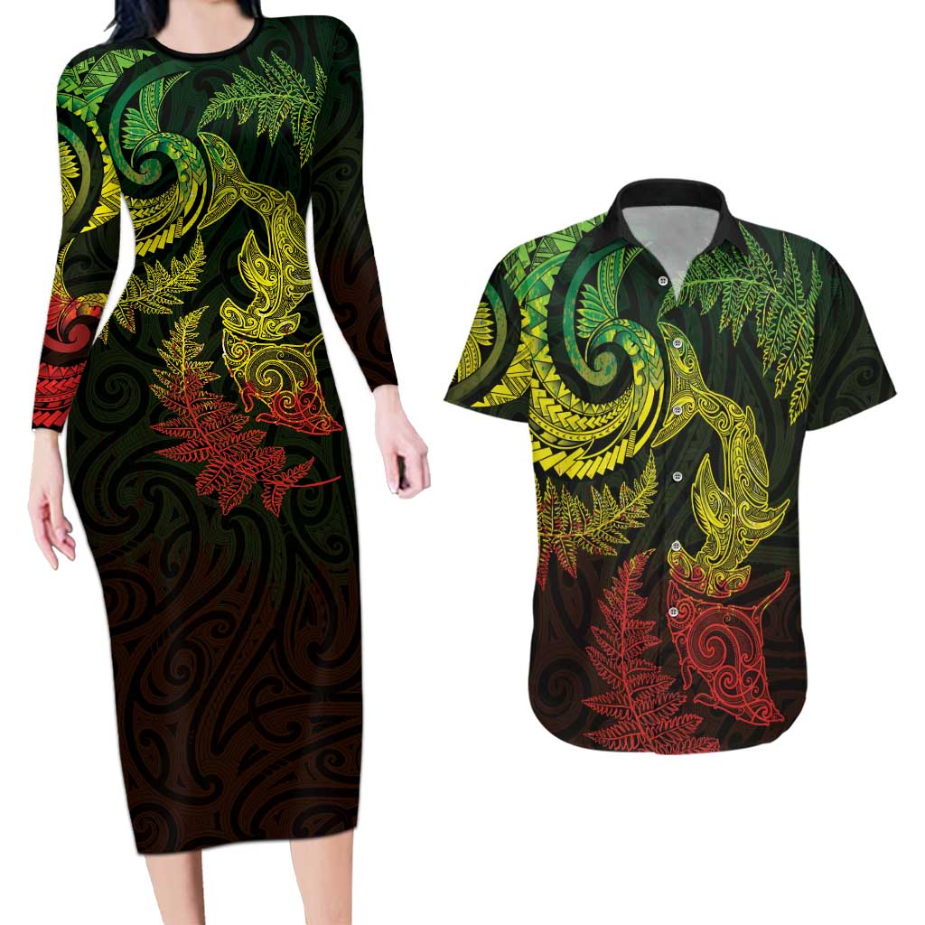 New Zealand Sea Animals with Maori Tribal Tattoo Couples Matching Long Sleeve Bodycon Dress and Hawaiian Shirt Shark Manta Ray with Silver Fern Reggae
