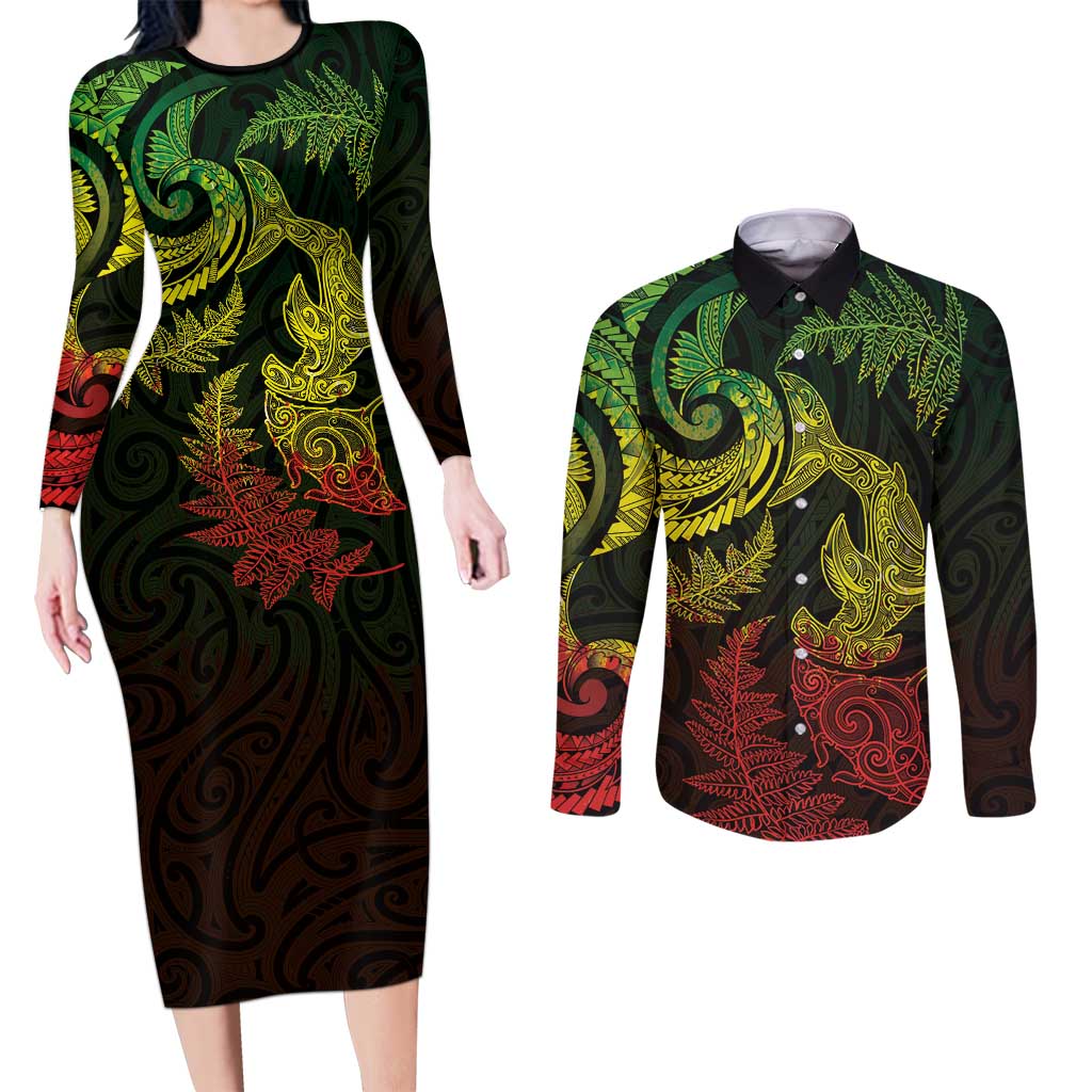New Zealand Sea Animals with Maori Tribal Tattoo Couples Matching Long Sleeve Bodycon Dress and Long Sleeve Button Shirt Shark Manta Ray with Silver Fern Reggae