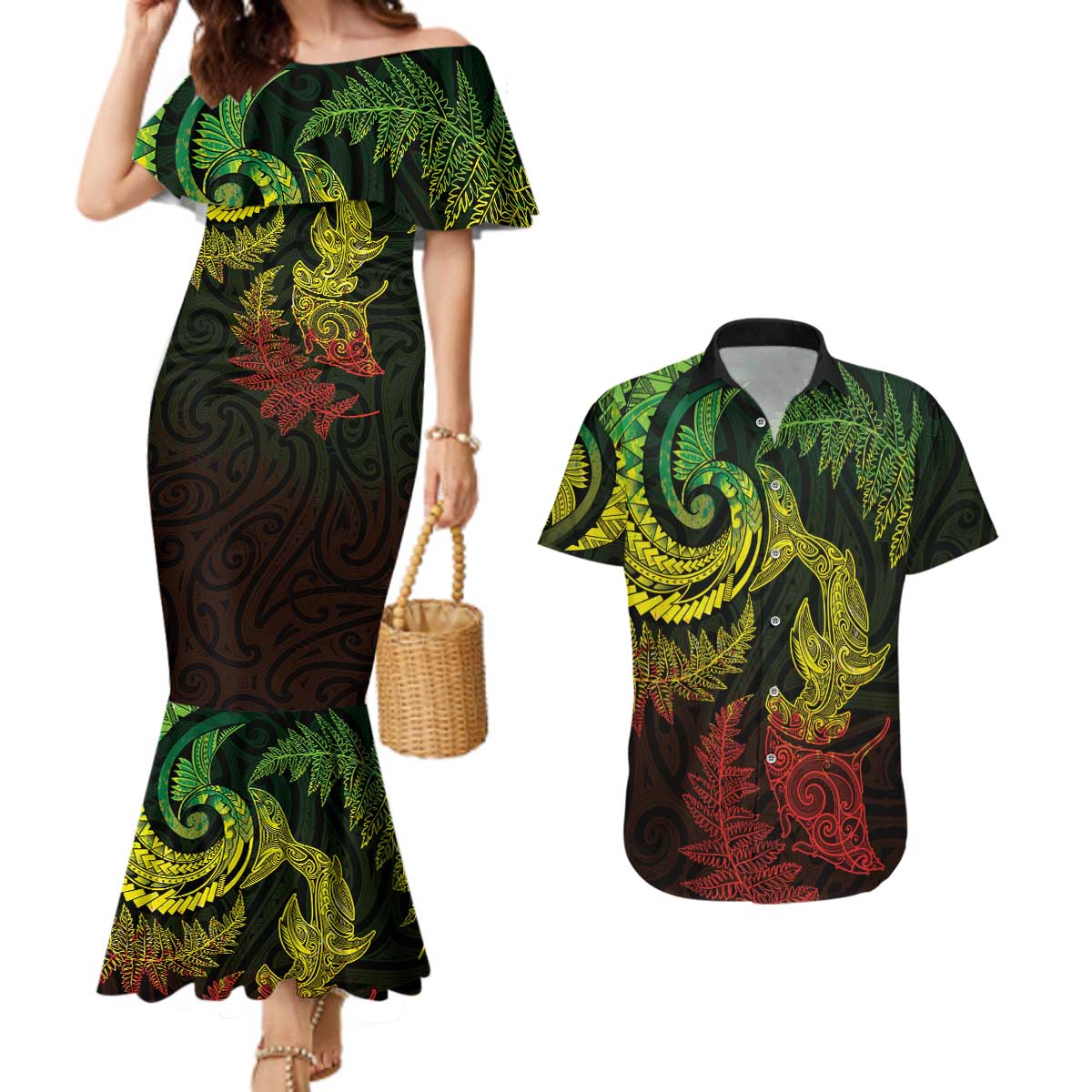 New Zealand Sea Animals with Maori Tribal Tattoo Couples Matching Mermaid Dress and Hawaiian Shirt Shark Manta Ray with Silver Fern Reggae