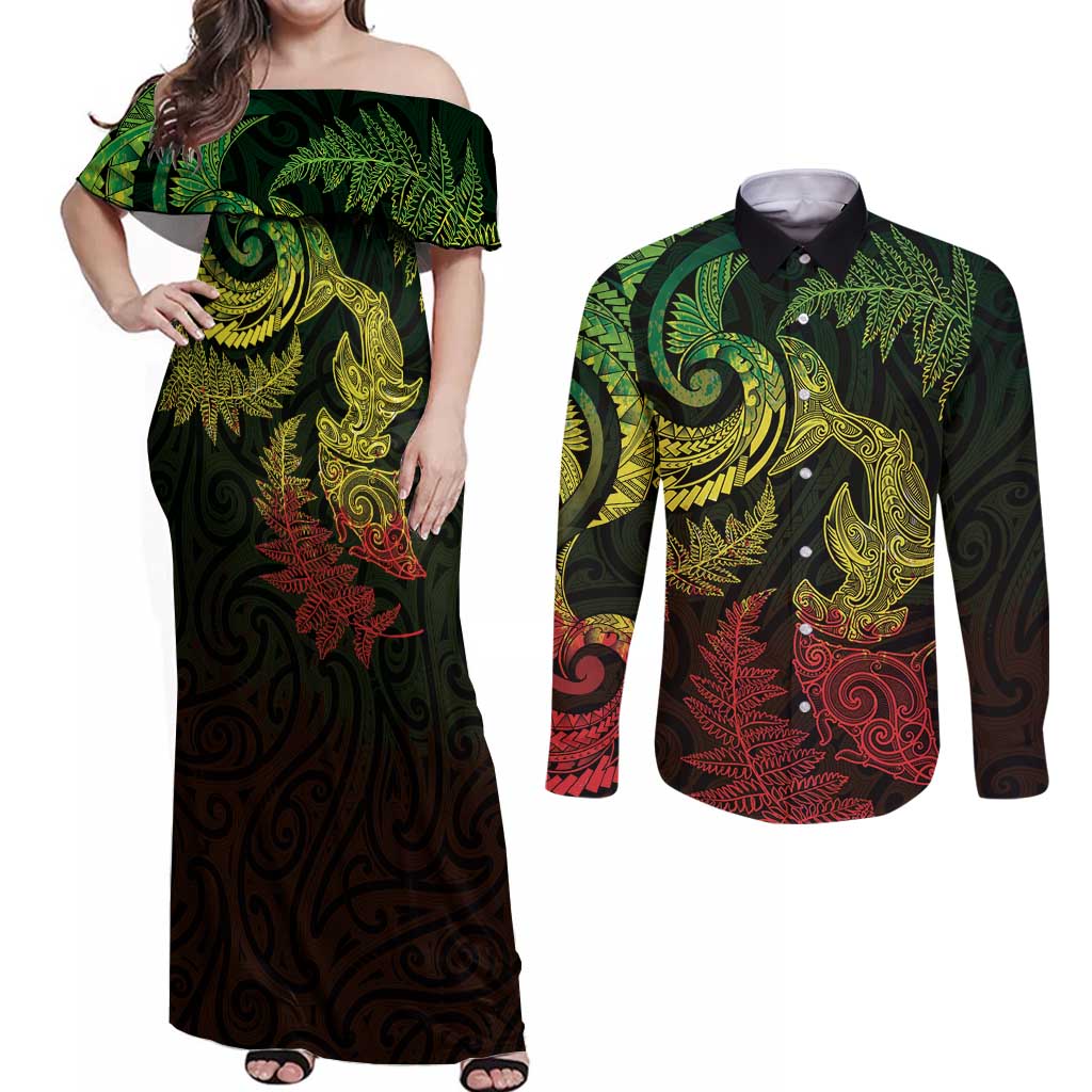 New Zealand Sea Animals with Maori Tribal Tattoo Couples Matching Off Shoulder Maxi Dress and Long Sleeve Button Shirt Shark Manta Ray with Silver Fern Reggae