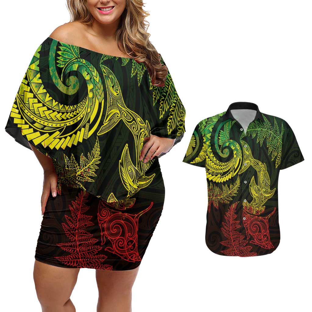 New Zealand Sea Animals with Maori Tribal Tattoo Couples Matching Off Shoulder Short Dress and Hawaiian Shirt Shark Manta Ray with Silver Fern Reggae