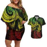 New Zealand Sea Animals with Maori Tribal Tattoo Couples Matching Off Shoulder Short Dress and Hawaiian Shirt Shark Manta Ray with Silver Fern Reggae