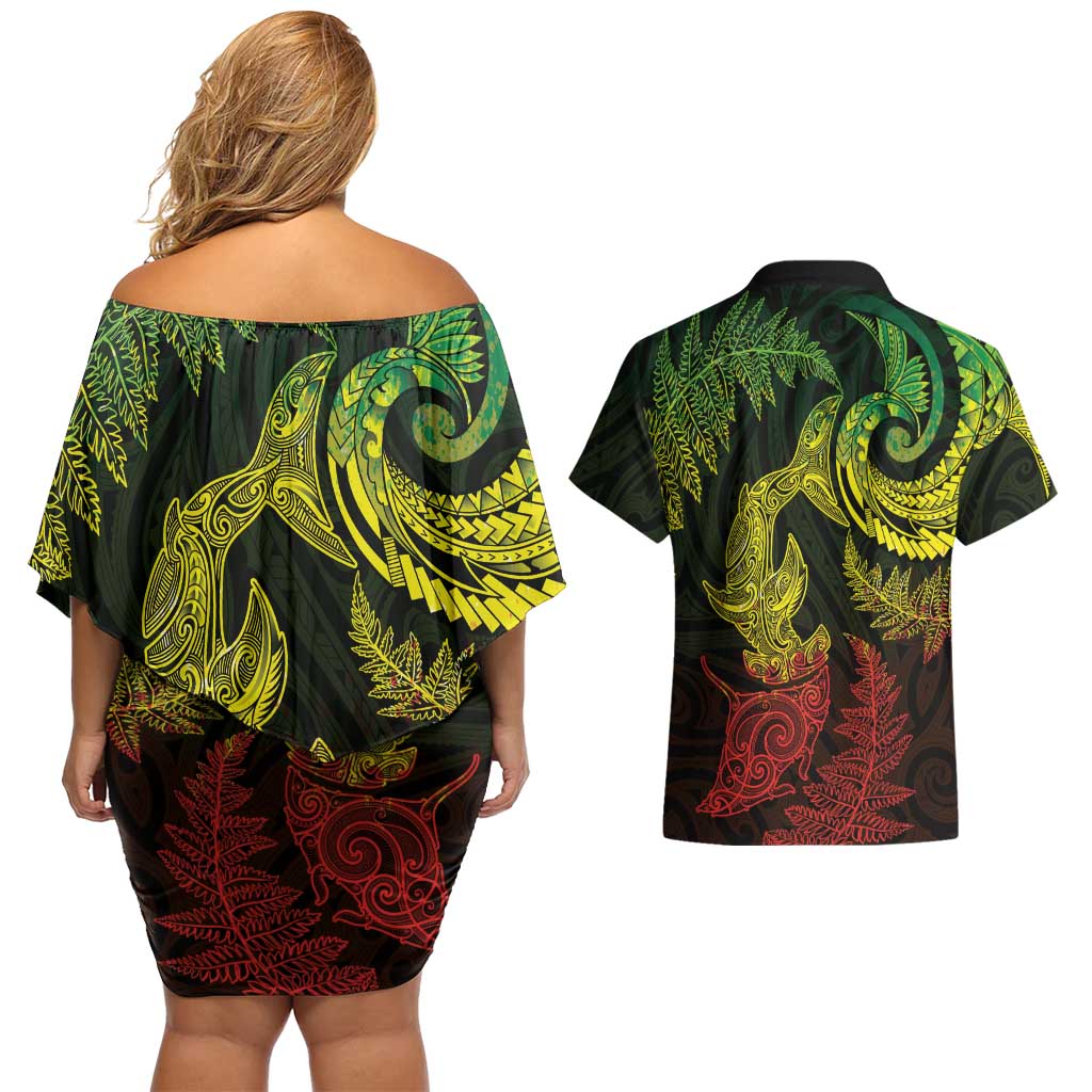 New Zealand Sea Animals with Maori Tribal Tattoo Couples Matching Off Shoulder Short Dress and Hawaiian Shirt Shark Manta Ray with Silver Fern Reggae