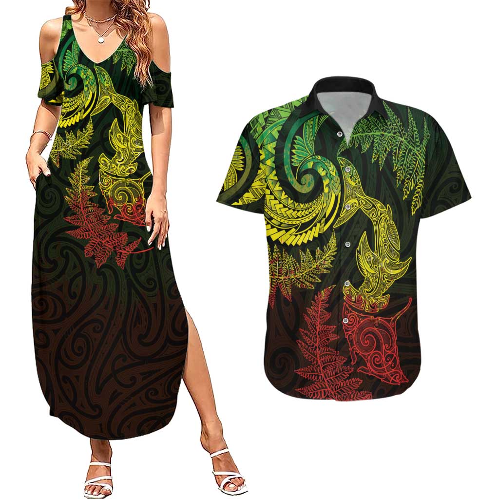 New Zealand Sea Animals with Maori Tribal Tattoo Couples Matching Summer Maxi Dress and Hawaiian Shirt Shark Manta Ray with Silver Fern Reggae