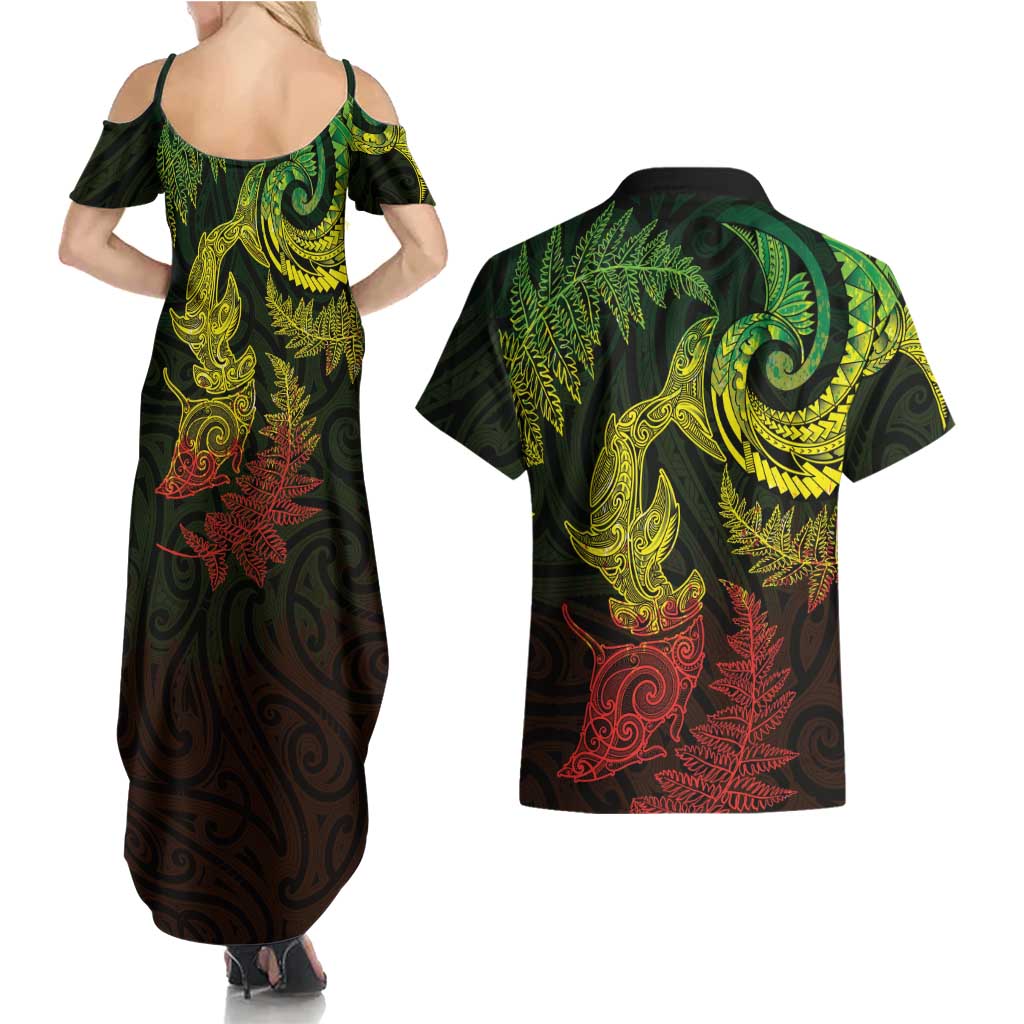New Zealand Sea Animals with Maori Tribal Tattoo Couples Matching Summer Maxi Dress and Hawaiian Shirt Shark Manta Ray with Silver Fern Reggae