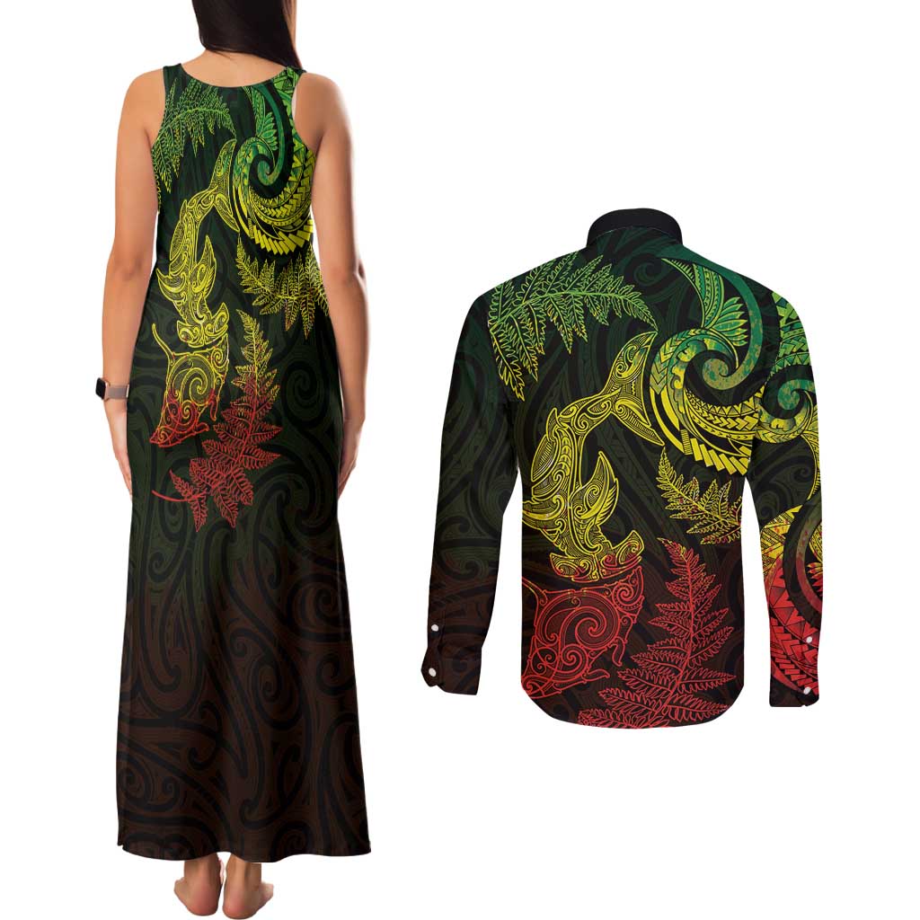 New Zealand Sea Animals with Maori Tribal Tattoo Couples Matching Tank Maxi Dress and Long Sleeve Button Shirt Shark Manta Ray with Silver Fern Reggae