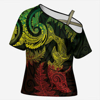New Zealand Sea Animals with Maori Tribal Tattoo Cross Shoulder Shirt Shark Manta Ray with Silver Fern Reggae