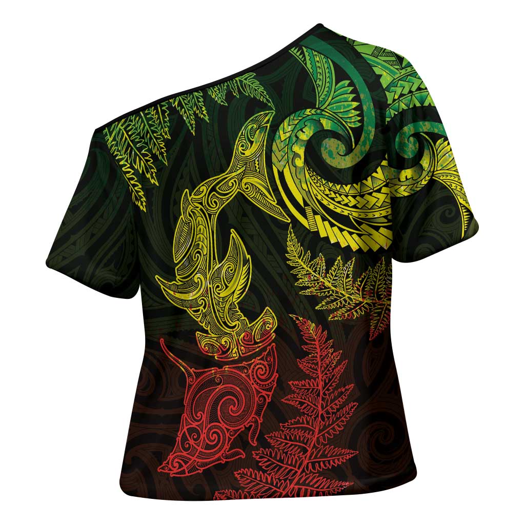 New Zealand Sea Animals with Maori Tribal Tattoo Cross Shoulder Shirt Shark Manta Ray with Silver Fern Reggae