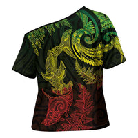 New Zealand Sea Animals with Maori Tribal Tattoo Cross Shoulder Shirt Shark Manta Ray with Silver Fern Reggae