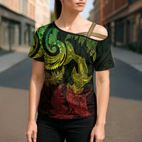 New Zealand Sea Animals with Maori Tribal Tattoo Cross Shoulder Shirt Shark Manta Ray with Silver Fern Reggae