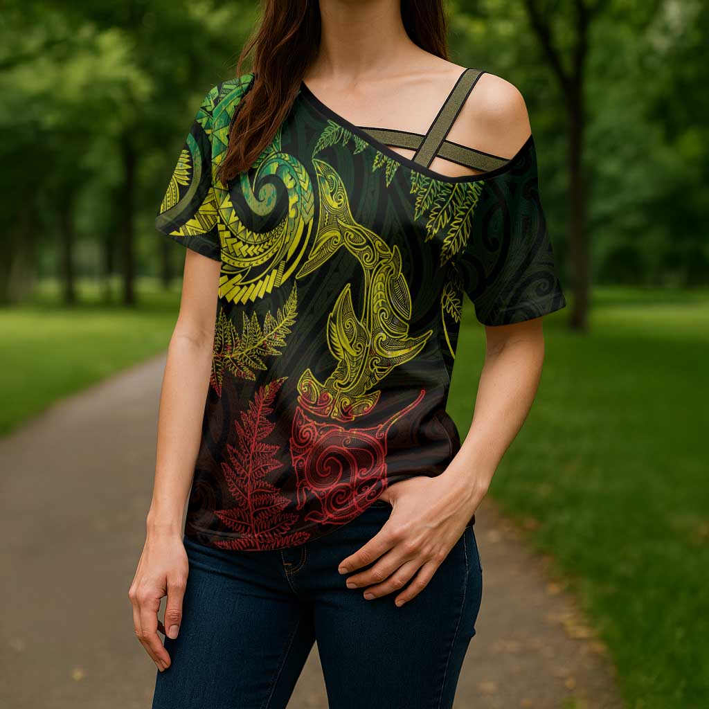 New Zealand Sea Animals with Maori Tribal Tattoo Cross Shoulder Shirt Shark Manta Ray with Silver Fern Reggae