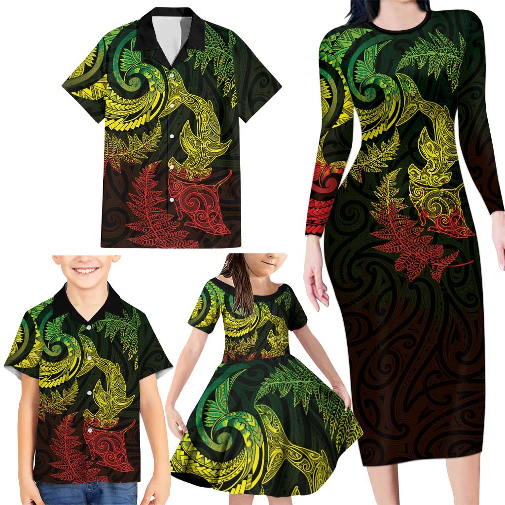 New Zealand Sea Animals with Maori Tribal Tattoo Family Matching Long Sleeve Bodycon Dress and Hawaiian Shirt Shark Manta Ray with Silver Fern Reggae