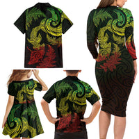 New Zealand Sea Animals with Maori Tribal Tattoo Family Matching Long Sleeve Bodycon Dress and Hawaiian Shirt Shark Manta Ray with Silver Fern Reggae