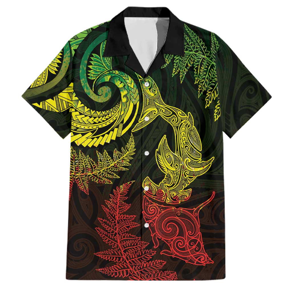 New Zealand Sea Animals with Maori Tribal Tattoo Family Matching Long Sleeve Bodycon Dress and Hawaiian Shirt Shark Manta Ray with Silver Fern Reggae