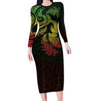 New Zealand Sea Animals with Maori Tribal Tattoo Family Matching Long Sleeve Bodycon Dress and Hawaiian Shirt Shark Manta Ray with Silver Fern Reggae